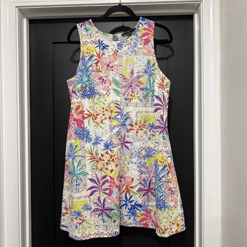 Maggy London White Tropical Palms Floral Linen Blend Dress Women Size Large